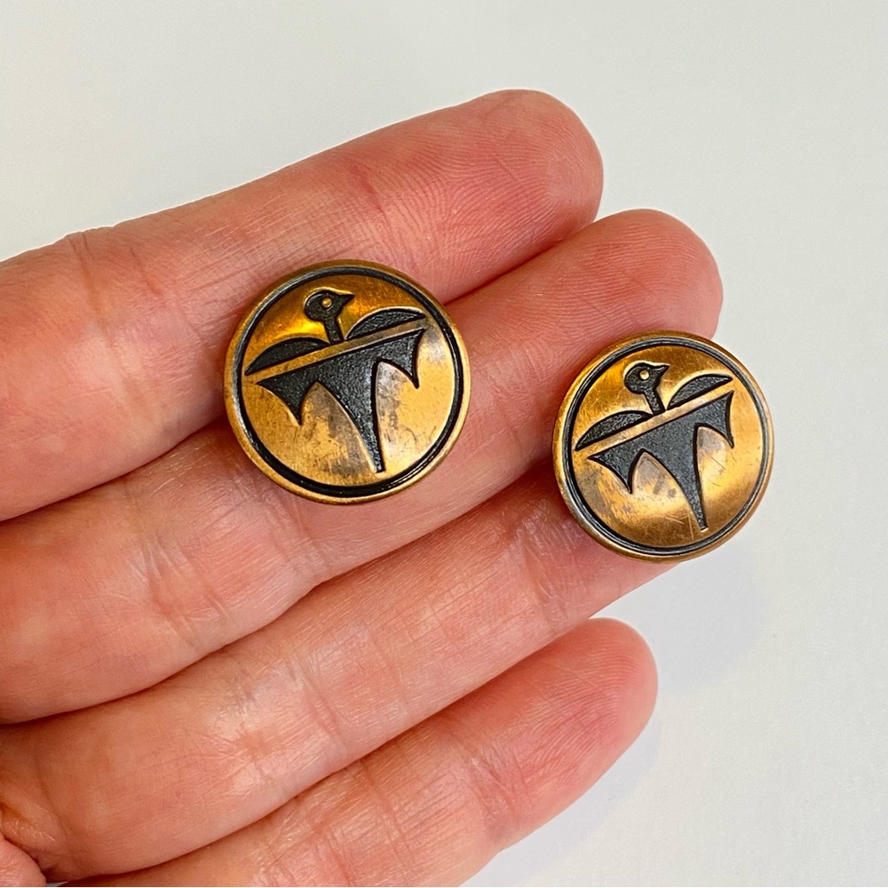 Vintage Copper‎ Screw Back Earrings Bird Design Round Disc